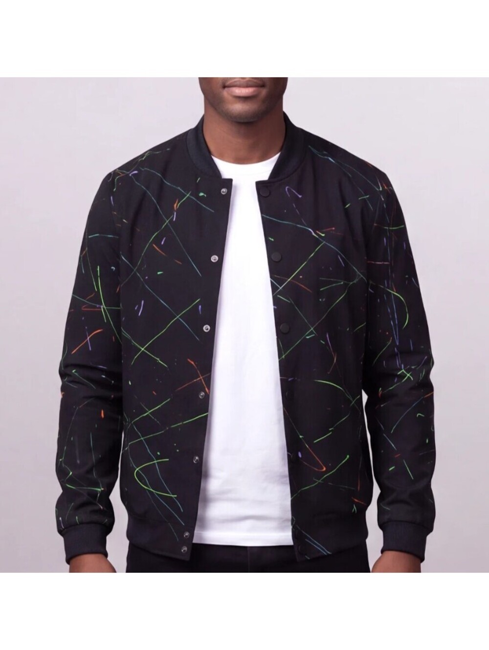 Claim Defame Hyperlite Bomber Jacket Black Neon Paint Splatter Arcade Medium